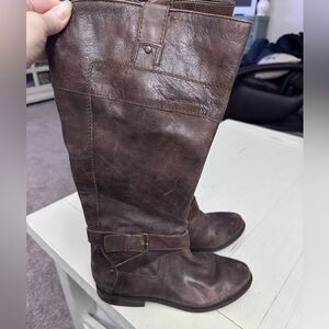 Marc Fisher Brown Leather Buckle Riding Boots Zipper Closure. Low heel Size 7